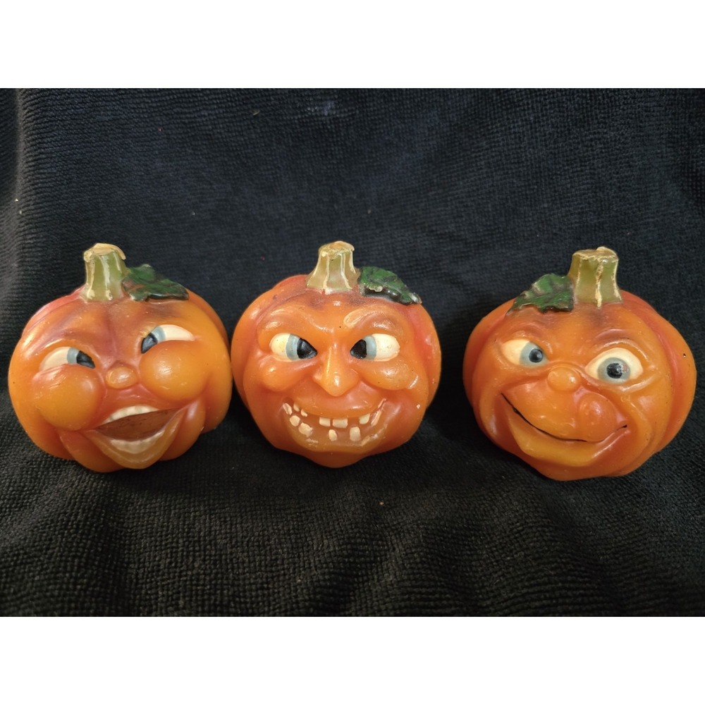 Vintage Halloween Pumpkin Jack O Lantern Faces Wax Candle Anthropomorphic Qty 3